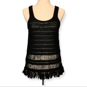 LUCKY BRAND Fringe Crochet Knit Sleeveless Top in Black